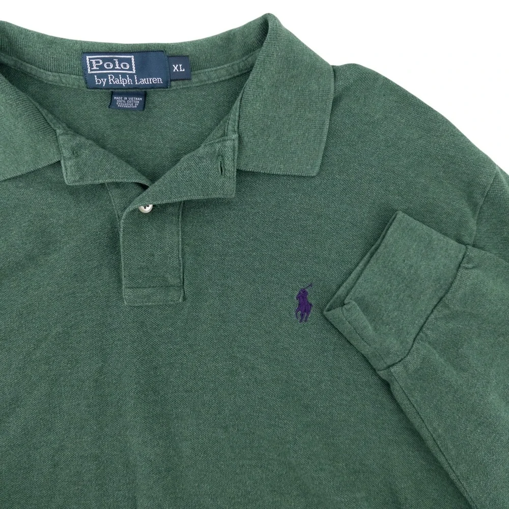 Polo Ralph Lauren Men's XL Green Long Sleeve Polo Shirt Purple Pony 100%‎ Cotton